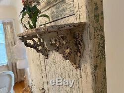 ANTIQUE PRIMITIVE OLD PAINTED HAND CARVED FOLK ART WALL SHELF-BEST Chippy White