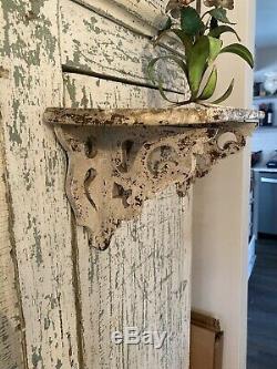 ANTIQUE PRIMITIVE OLD PAINTED HAND CARVED FOLK ART WALL SHELF-BEST Chippy White