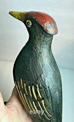 ANTIQUE Pennsylvania German Carved FOLK ART Wire Leg Red Headed BLACK Bird