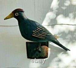 ANTIQUE Pennsylvania German Carved FOLK ART Wire Leg Red Headed BLACK Bird