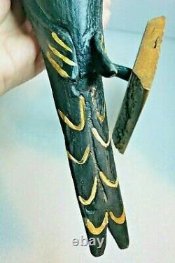 ANTIQUE Pennsylvania German Carved FOLK ART Wire Leg Red Headed BLACK Bird