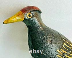 ANTIQUE Pennsylvania German Carved FOLK ART Wire Leg Red Headed BLACK Bird