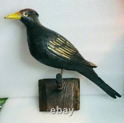ANTIQUE Pennsylvania German Carved FOLK ART Wire Leg Red Headed BLACK Bird