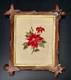 Antique Tramp Art Carved Frame Poinsettia Needlepoint Victorian Folk Art Wood