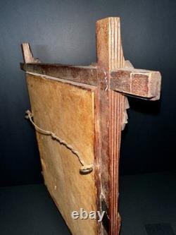 ANTIQUE Tramp Art Carved Frame Poinsettia Needlepoint Victorian Folk Art Wood