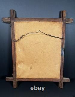 ANTIQUE Tramp Art Carved Frame Poinsettia Needlepoint Victorian Folk Art Wood