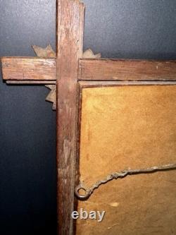 ANTIQUE Tramp Art Carved Frame Poinsettia Needlepoint Victorian Folk Art Wood