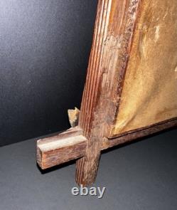 ANTIQUE Tramp Art Carved Frame Poinsettia Needlepoint Victorian Folk Art Wood