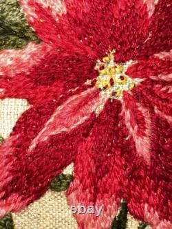 ANTIQUE Tramp Art Carved Frame Poinsettia Needlepoint Victorian Folk Art Wood