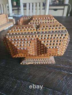 ANTIQUE Tramp Art Folk Art Box Pyramidal Chip Carved Footed Keepsake C. 1900