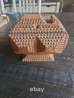 ANTIQUE Tramp Art Folk Art Box Pyramidal Chip Carved Footed Keepsake C. 1900