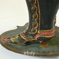 ANTIQUE VICTORIAN WOODEN CARVED HAND PAINTED FOLK ART LADIES BOOTS. C1800's