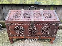 ANTIQUE Vintage INDIAN DOWERY MARRIAGE CHEST trunk carved panels folk art Hindu