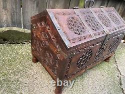 ANTIQUE Vintage INDIAN DOWERY MARRIAGE CHEST trunk carved panels folk art Hindu