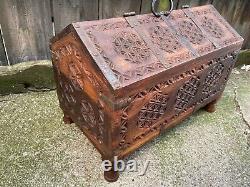 ANTIQUE Vintage INDIAN DOWERY MARRIAGE CHEST trunk carved panels folk art Hindu