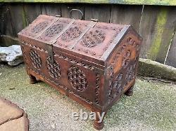 ANTIQUE Vintage INDIAN DOWERY MARRIAGE CHEST trunk carved panels folk art Hindu