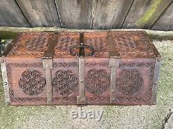 ANTIQUE Vintage INDIAN DOWERY MARRIAGE CHEST trunk carved panels folk art Hindu