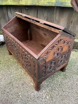 ANTIQUE Vintage INDIAN DOWERY MARRIAGE CHEST trunk carved panels folk art Hindu