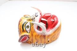 ATQ MEXICAN GUERRERO FOLK ART CARVED WOOD Leopard Cheetah VTG DANCE MASK W TEETH