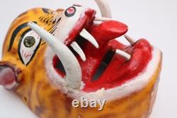 ATQ MEXICAN GUERRERO FOLK ART CARVED WOOD Leopard Cheetah VTG DANCE MASK W TEETH