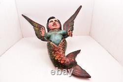 ATQ MEXICAN Guerrero FOLK ART WOOD Carved Mermaid Angel Cherub Figure Mask VTG