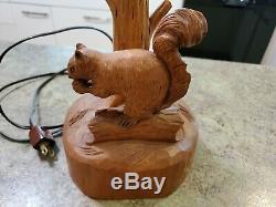 Adorable Vintage Rustic Folk Art CLEMENT DUBE Squirrel Wood Carved Lamp Quebec
