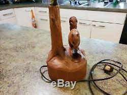 Adorable Vintage Rustic Folk Art CLEMENT DUBE Squirrel Wood Carved Lamp Quebec