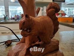 Adorable Vintage Rustic Folk Art CLEMENT DUBE Squirrel Wood Carved Lamp Quebec