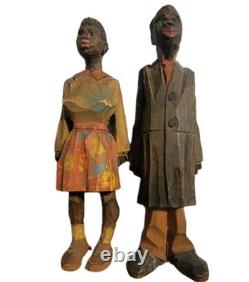 Adrian R. Woodall Hand Carved Wood Female Male Figurines Folk Art Vtg Signed