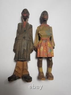Adrian R. Woodall Hand Carved Wood Female Male Figurines Folk Art Vtg Signed