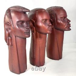 African Folk Art Carved Wood Head Bust Statue 3pc Set 10 ISAKA Artist Signed