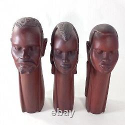 African Folk Art Carved Wood Head Bust Statue 3pc Set 10 ISAKA Artist Signed