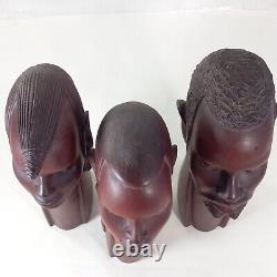 African Folk Art Carved Wood Head Bust Statue 3pc Set 10 ISAKA Artist Signed