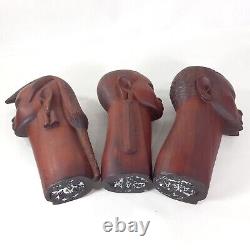 African Folk Art Carved Wood Head Bust Statue 3pc Set 10 ISAKA Artist Signed