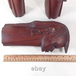 African Folk Art Carved Wood Head Bust Statue 3pc Set 10 ISAKA Artist Signed