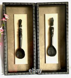 African Folk Art Hand Carved Spoon Dark Wood in Shadow Box Frame (set of 2)