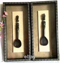 African Folk Art Hand Carved Spoon Dark Wood in Shadow Box Frame (set of 2)