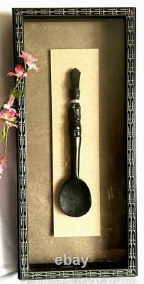 African Folk Art Hand Carved Spoon Dark Wood in Shadow Box Frame (set of 2)