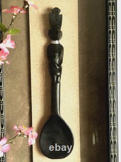 African Folk Art Hand Carved Spoon Dark Wood in Shadow Box Frame (set of 2)
