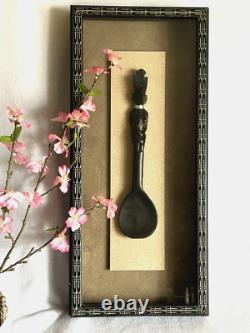 African Folk Art Hand Carved Spoon Dark Wood in Shadow Box Frame (set of 2)
