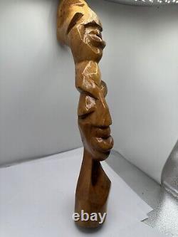 African Folk Art Hand Carved Wooden Bust Statue Totem VTG Unique Solid