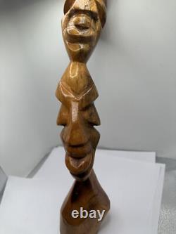 African Folk Art Hand Carved Wooden Bust Statue Totem VTG Unique Solid Wood
