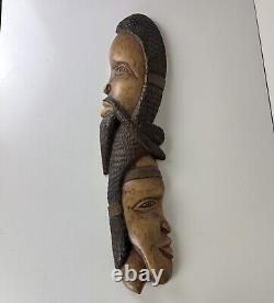 African Folk Art Man Woman Wood Hand Carved Wall Hanging Sculpture Decor