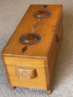 Amazing Folk Art Wooden Trunk Mother Sept'43 Carved Hearts & Lined Interior