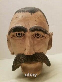 American Folk Art Carnival Head Bust Life Size Carved Wood late 1800 early 1900