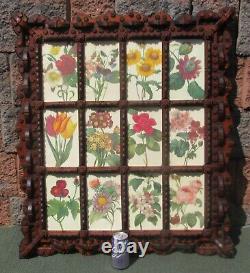 American Folk Tramp Art Carved Wood Picture Frame Antique Botanical Flower Print