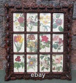 American Folk Tramp Art Carved Wood Picture Frame Antique Botanical Flower Print