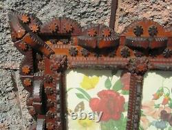 American Folk Tramp Art Carved Wood Picture Frame Antique Botanical Flower Print