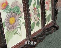 American Folk Tramp Art Carved Wood Picture Frame Antique Botanical Flower Print