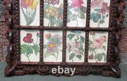 American Folk Tramp Art Carved Wood Picture Frame Antique Botanical Flower Print